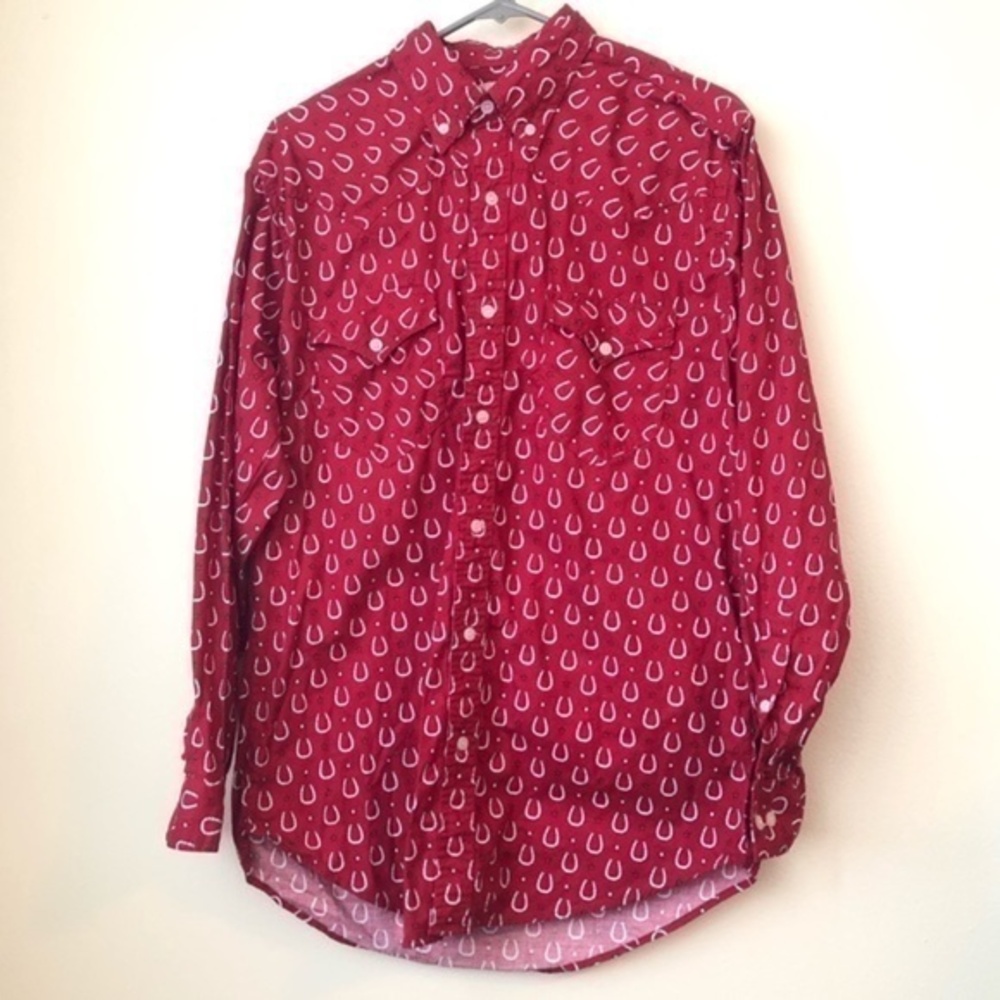 Vintage Express Rider Red Button Down Horseshoe Print Western Shirt Size Medium